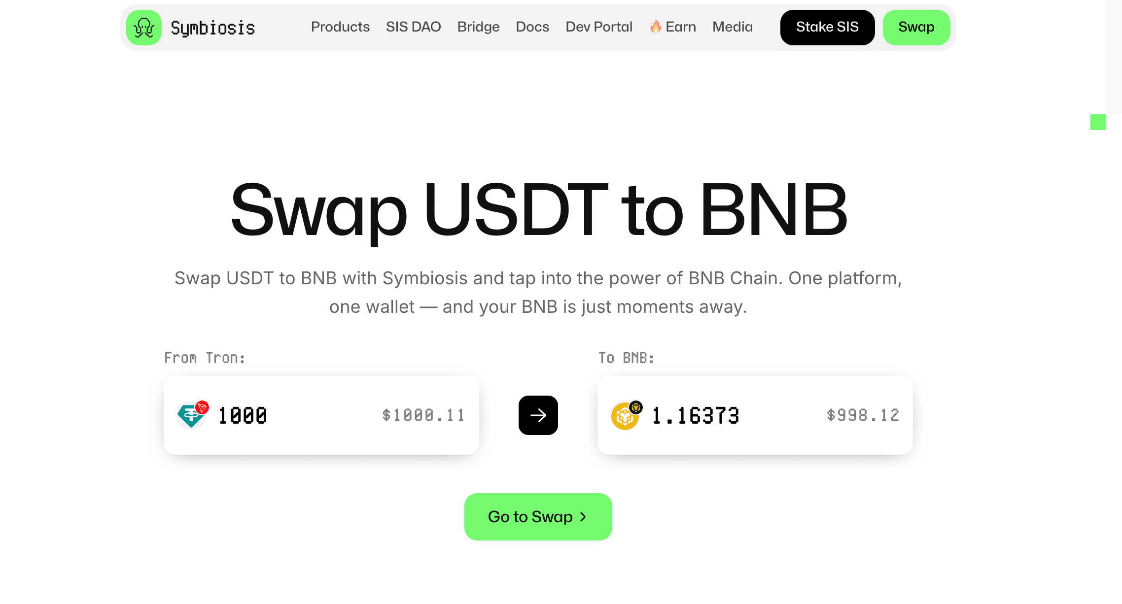 Swap USDT to BNB with Symbiosis